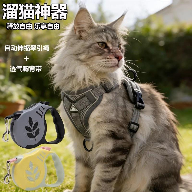 猫咪牵引绳自动伸缩猫绳防挣脱不勒脖胸背带户外溜猫神器宠物用品